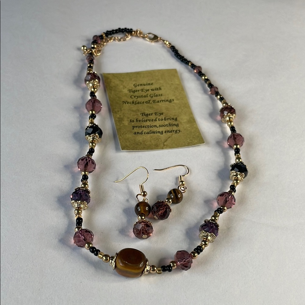 Gold and Purple Beaded tiger eye Necklace and earrings with Gradient Design